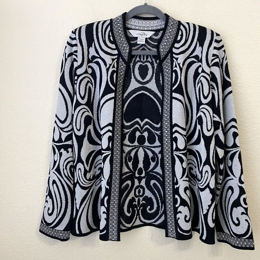 Ming Wang Cardigan Womens Small Open Front Embellished Trim Silver Black